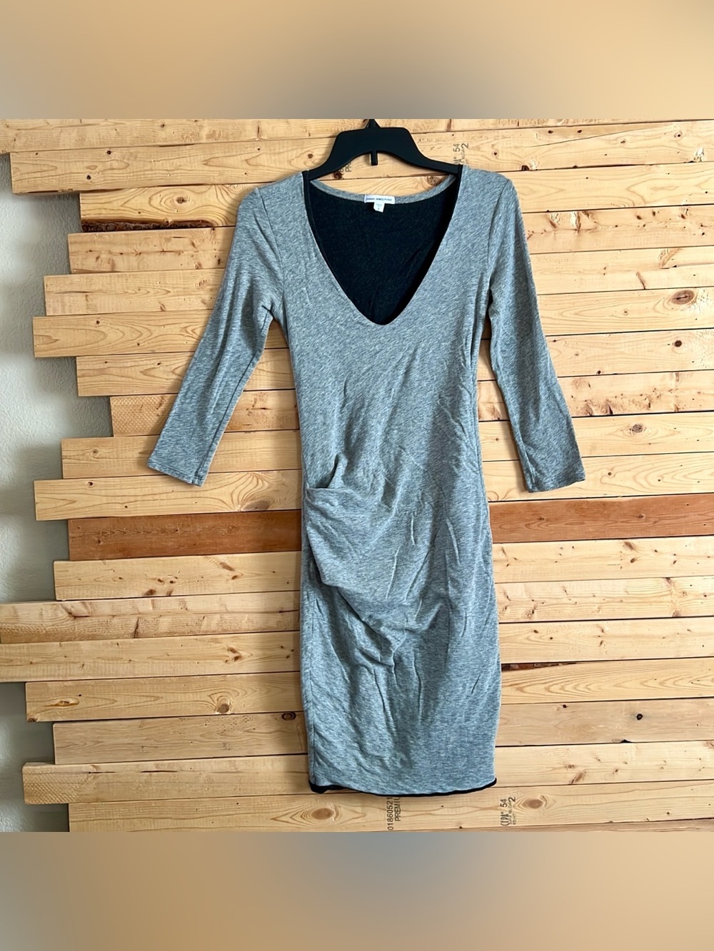 James Perse Gray V-neck long Sleeve Fitted Cotton Blend Stretchy Dress Size 2